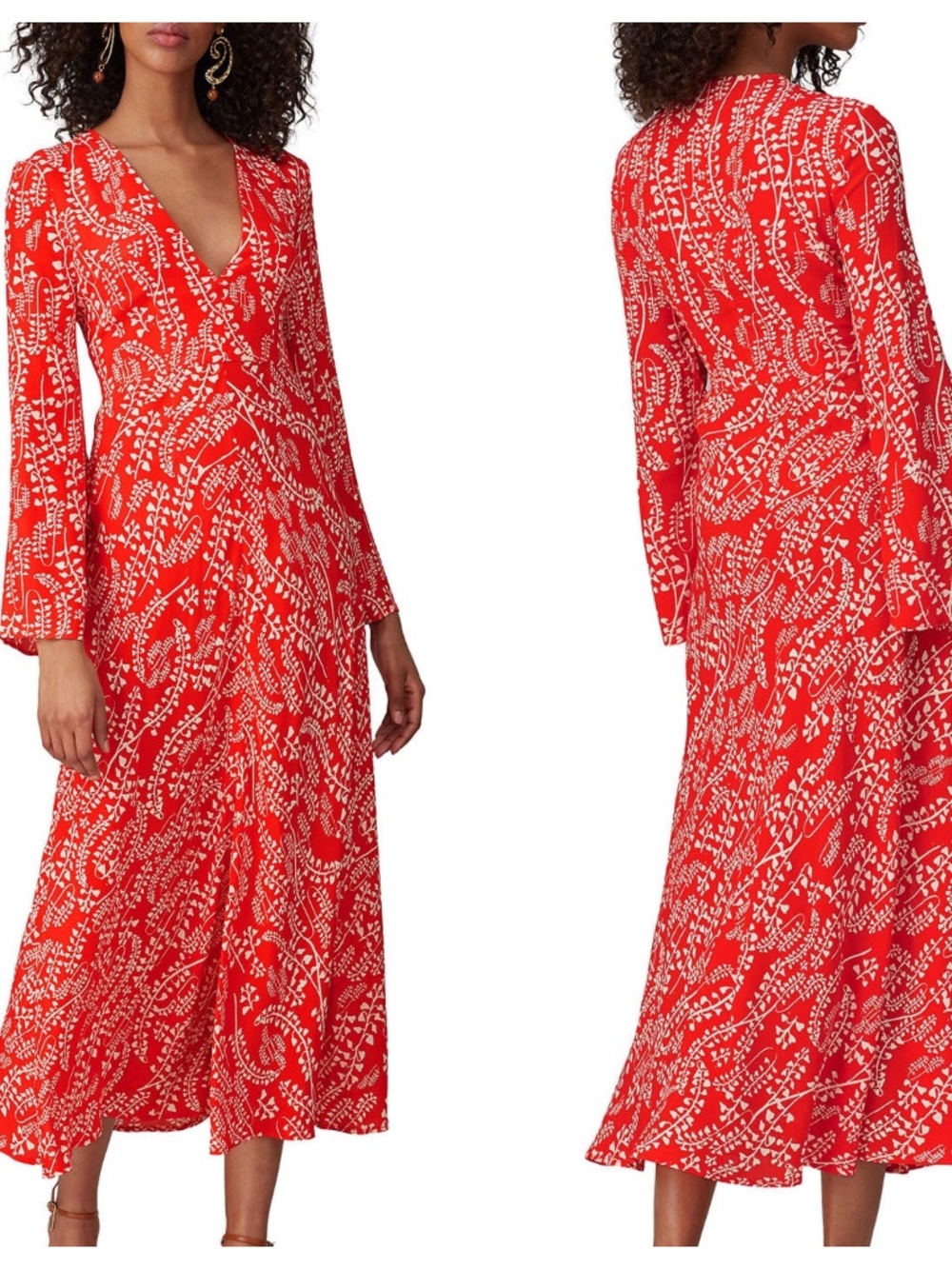 RIXO London Sonja Tree Roots Red Orange Silk Blend Long Sleeve Dress - XS